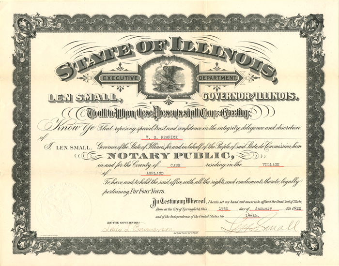 State of Illinois Certificate signed by Louis L. Emmerson and Len Small, Both Illinois Governors